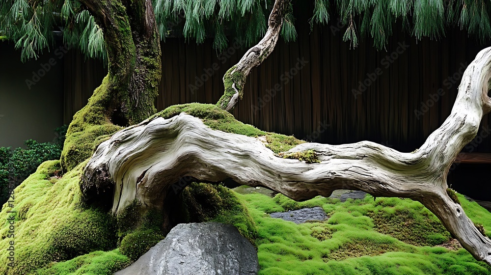 Poster Beautiful ancient tree with intricate bark resting on vibrant green moss in serene garden setting : Generative AI