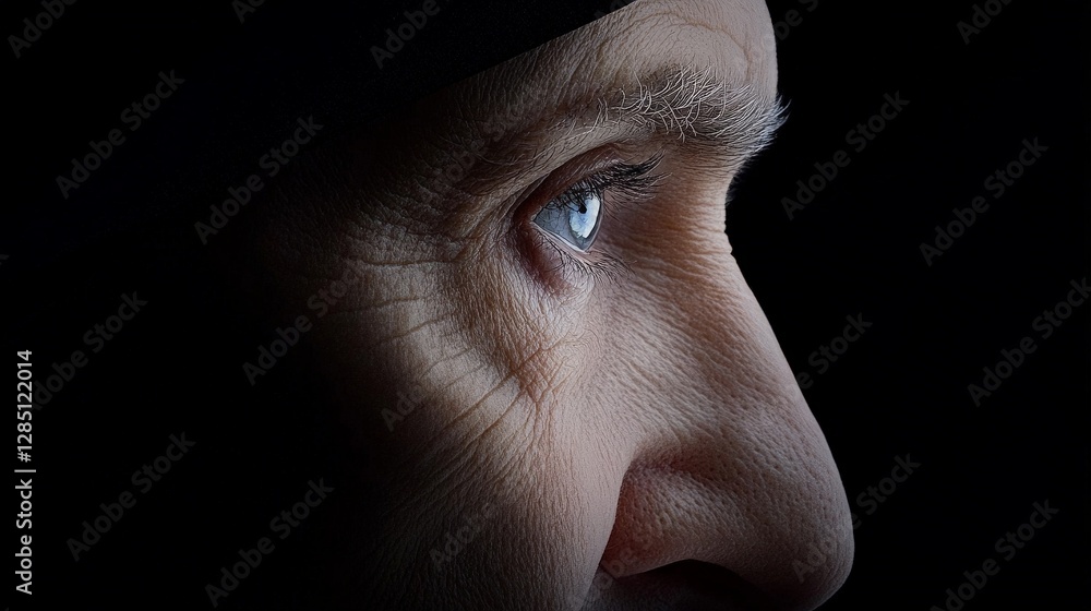 Poster close-up profile of a person's eye with intense expression in shadow