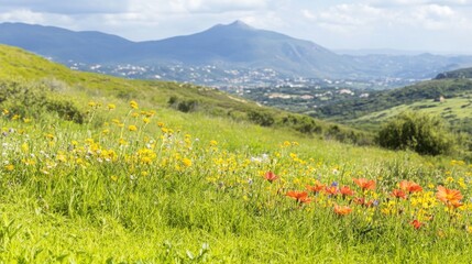 A hillside covered in colorful wildflowers