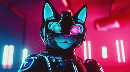 Fototapeta premium Neon Cat: Cyberpunk Feline in a Futuristic Setting