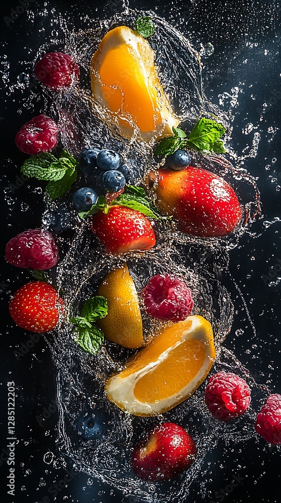 Poster fresh fruits splashing in water creating a vibrant and lively cooking scene : generative ai
