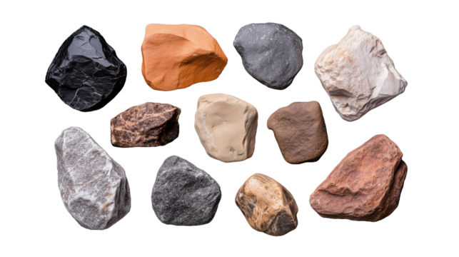 Assorted natural stones and rocks in various shapes and colors on transparent background