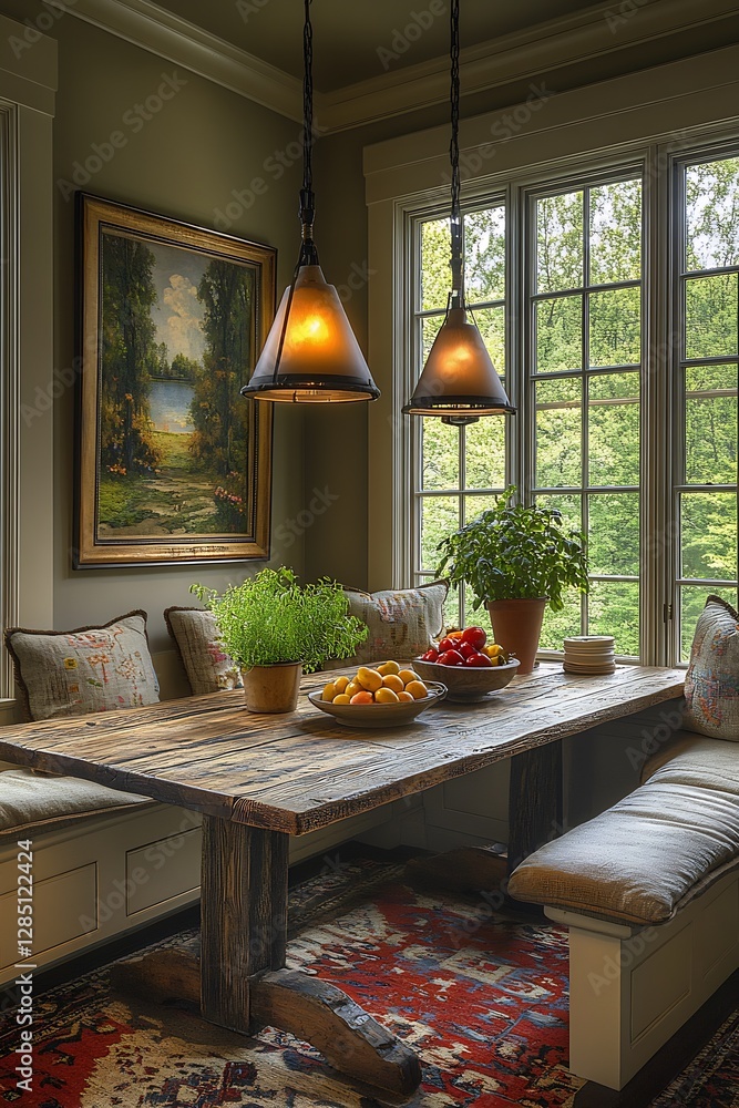 Poster elegant breakfast nook with a rustic wooden table and a variety of fruits under beautiful lighting a