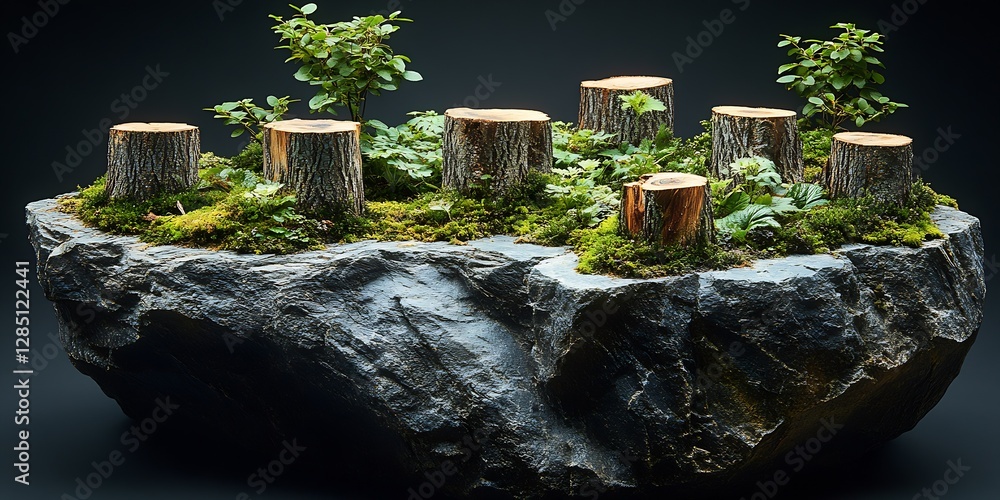 Poster Unique landscape of tree stumps and small trees on a stone platform surrounded by lush greenery : Generative AI
