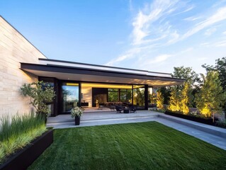 Modern Home Exterior with Patio and Lush Garden in Sunset