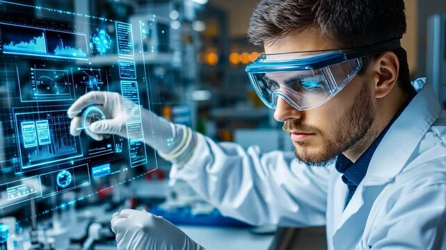 Focused scientist working in a modern lab with holographic displays