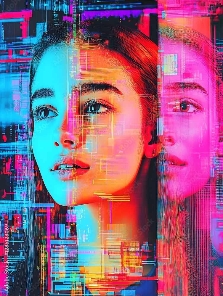 Leinwandbilder Artistic Digital Creation of a Young Girl with Split Faces and Colorful Technological Backgrounds : Generative AI