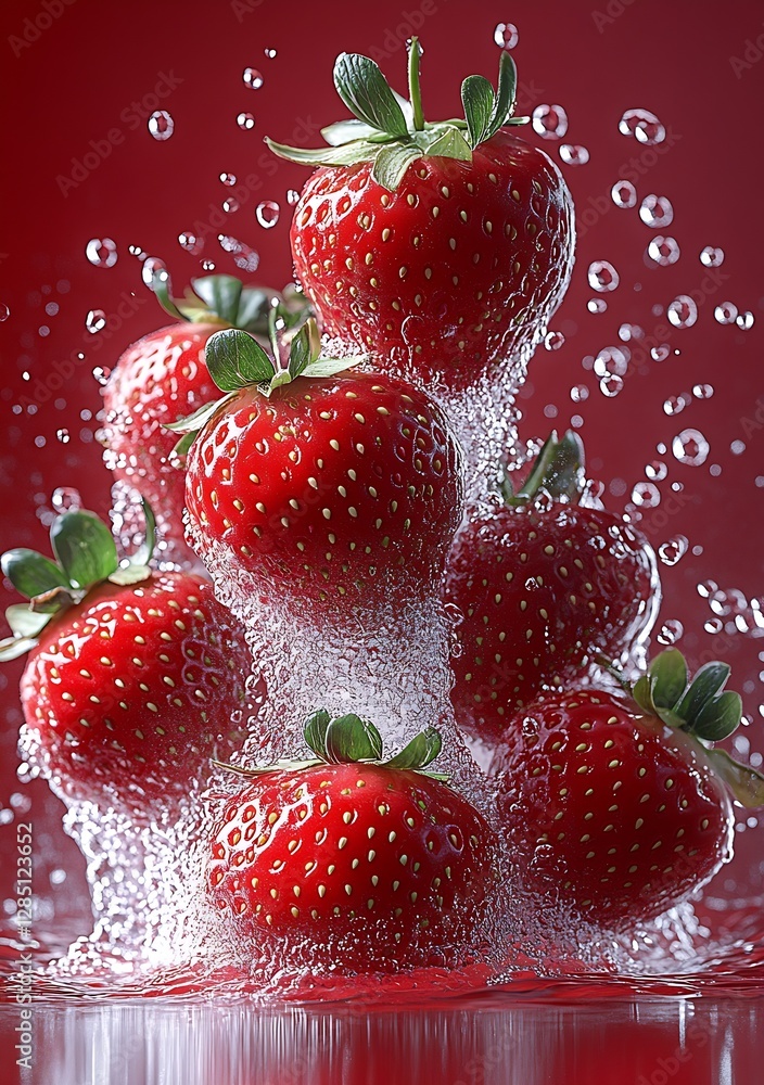 Poster Fresh and Juicy Strawberries Splashing in Water Creating a Dynamic and Vibrant Image : Generative AI