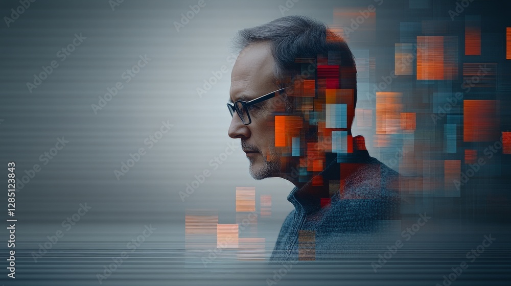 Poster intelligent man in profile with digital effects and abstract background