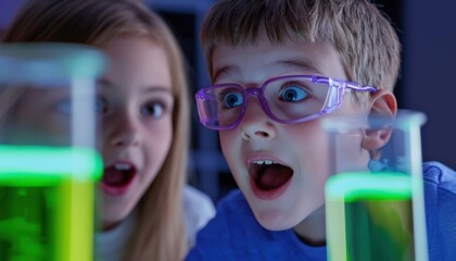 Children Engaged in Exciting Science Experiment with Colorful Liquids