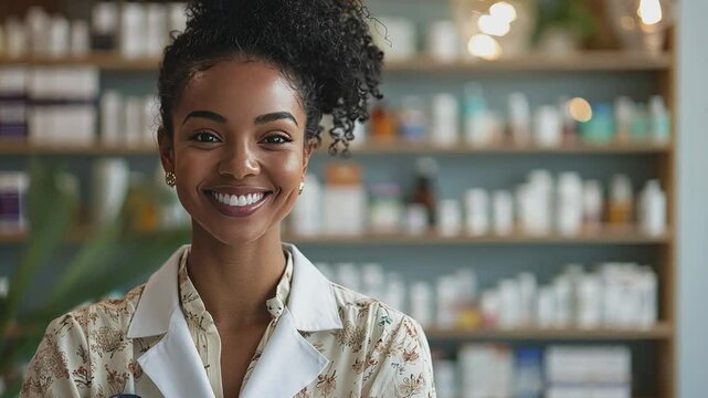 A Professional Smile: A cheerful and competent pharmacist stands in front of a shelf filled with medicine, radiating warmth, and expertise in a professionally lit setting.