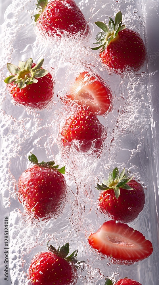 Poster Bursting Strawberries with Water Splash in a Bright and Appealing Culinary Display : Generative AI