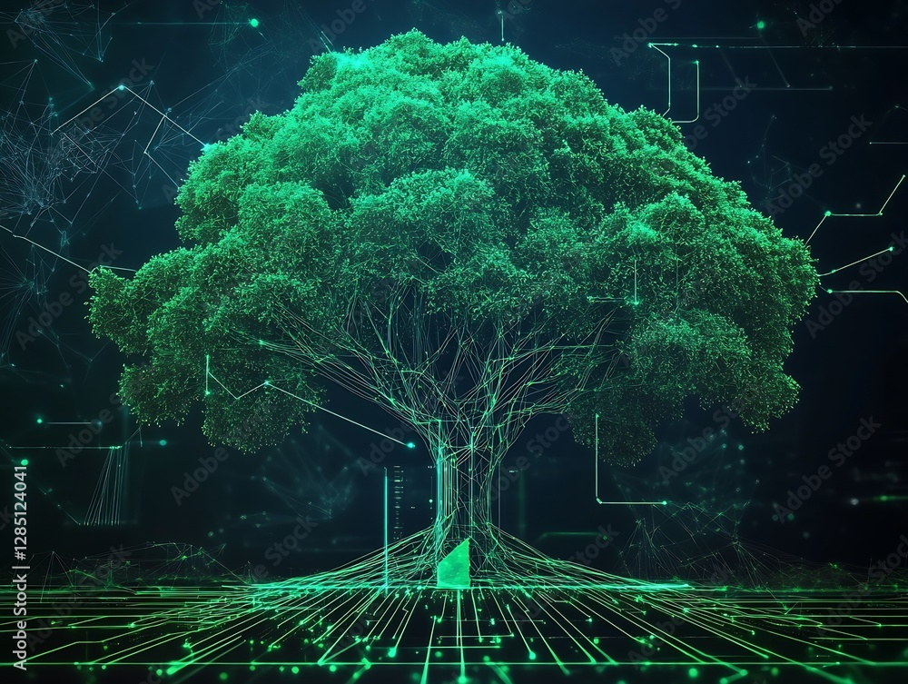 Aufkleber Digital artwork featuring an illuminated tree with data lines representing advanced technology integration : Generative AI