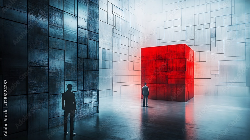 Poster Stunning Digital Art of a Surreal Space with a Red Cube and Figures in a High Tech Environment : Generative AI