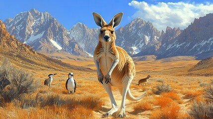 A Kangaroo Stands Proudly With Penguins And A Mountain Background