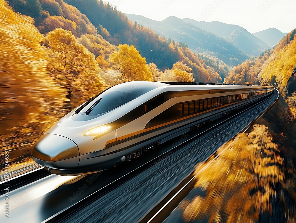 Poster sleek modern train making its way through vibrant autumn landscape emphasizing speed and design inno