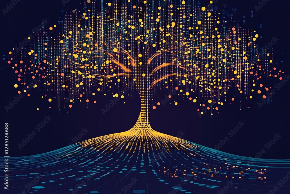 Poster Vibrant and colorful digital tree showcasing lights and data streams flowing from its branches : Generative AI