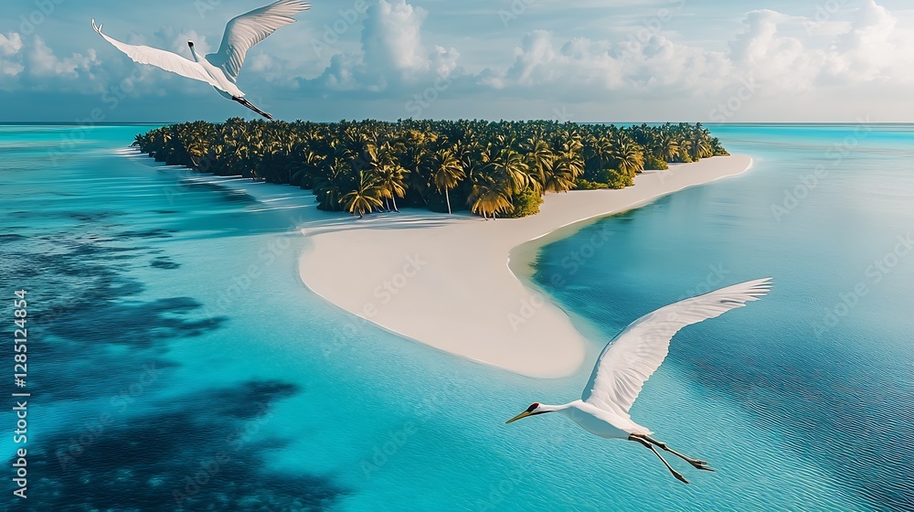 Poster breathtaking view of an island with lush palm trees and birds soaring above the water : generative a