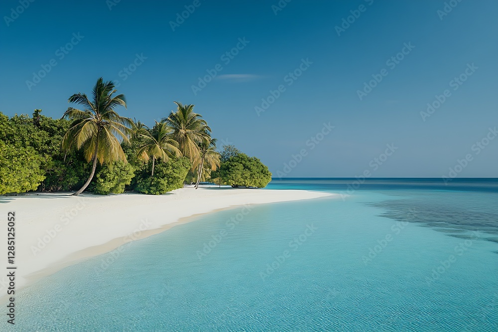 Poster beautiful tropical beach with palm trees and clear shallow waters inviting relaxation and escape : g