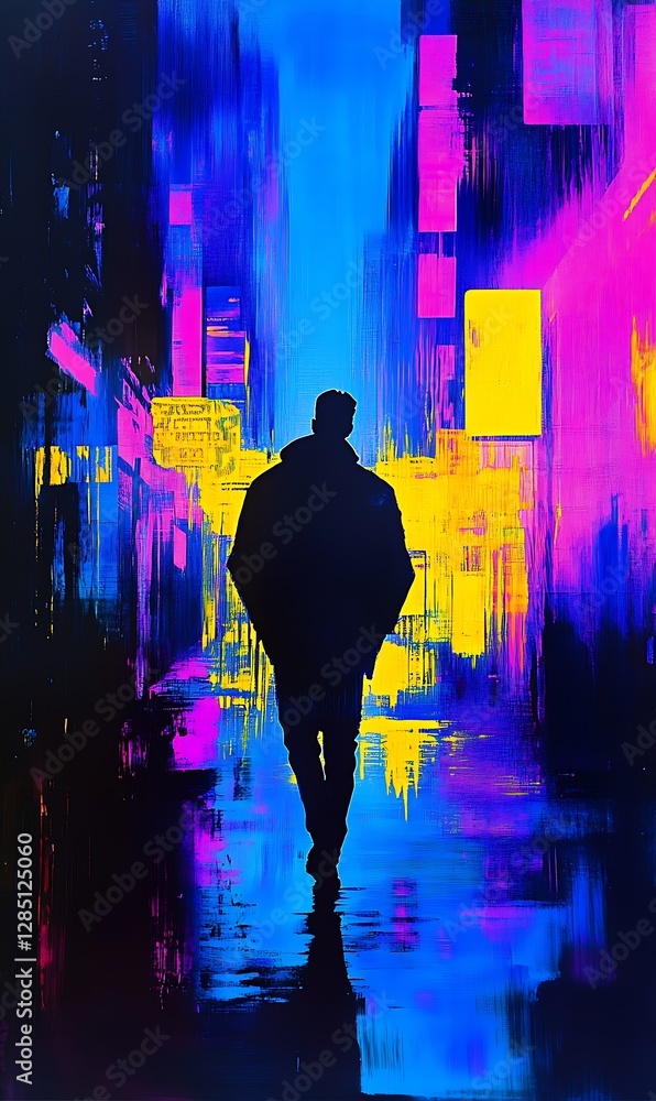Poster colorful vivid artistic representation of a silhouette strolling through a neon-lit alleyway with re