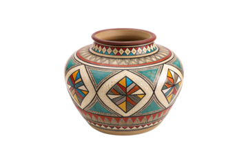 A ceramic vase with bold teal and red diamonds bordered by intricate lines. The craftsmanship emphasizes symmetry and balanced patterns, isolated on a transparent background