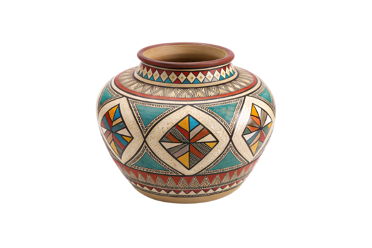 A ceramic vase with bold teal and red diamonds bordered by intricate lines. The craftsmanship emphasizes symmetry and balanced patterns, isolated on a transparent background