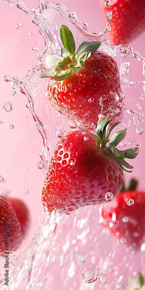 Poster Vibrant Strawberries Creating Waves in Water on a Soft Pink Background Showcasing Freshness : Generative AI
