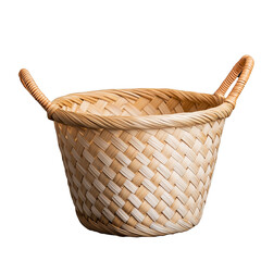 Woven wicker storage basket with handles for home organization on transparent background