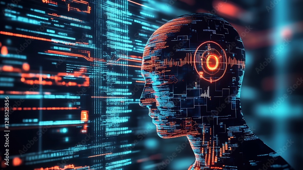 Aufkleber digital human head with advanced technology and glowing ear implant and data flow : generative ai