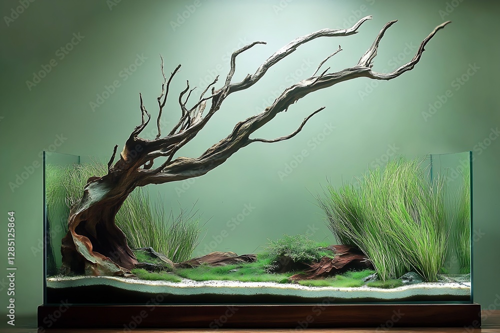 Poster elegant aquascape with unique driftwood and lush green plants creating a tranquil environment : gene
