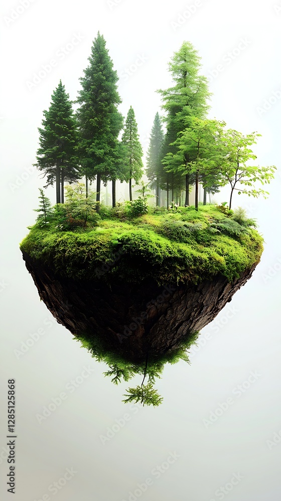 Poster Floating Island Surrounded by Lush Green Trees and Moss in a Calm Atmosphere : Generative AI