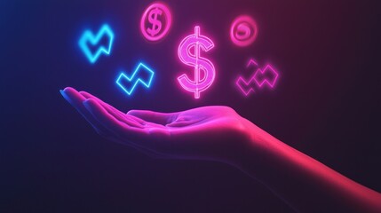 Neon Glowing Hand Holding Digital Currency and Financial Growth Symbols