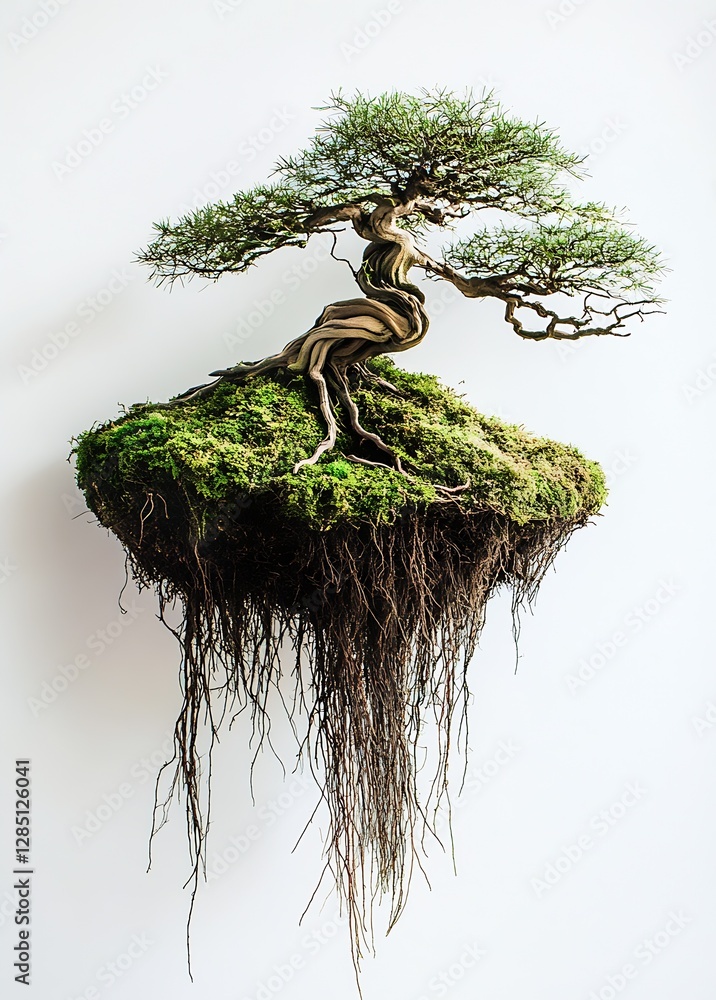 Poster elegantly designed bonsai tree with rustic roots and vibrant green foliage : generative ai