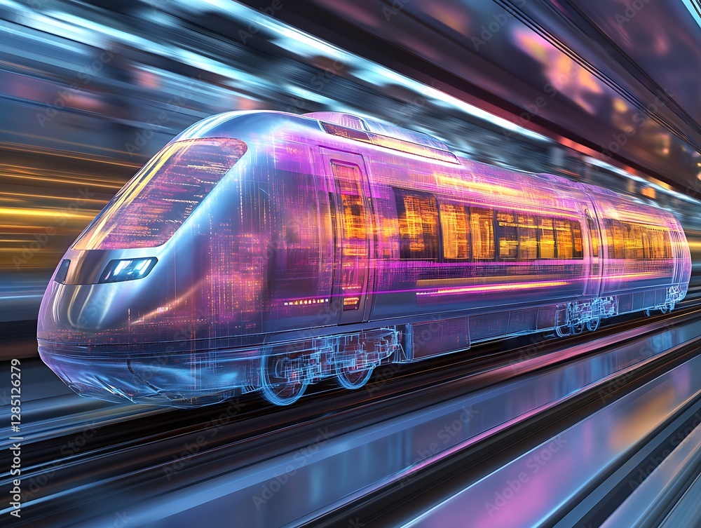 Leinwandbilder An advanced high-speed train depicted in a vibrant transparent style speeding away from a station : Generative AI