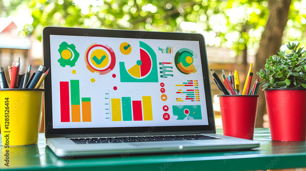 Poster analyzing business performance metrics with charts and graphs on laptop outdoor workspace infographi
