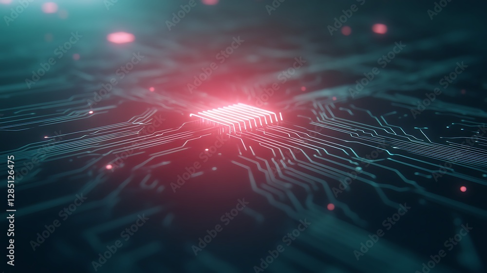 Poster Abstract close-up of a glowing microchip on a digital circuit board.