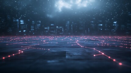 Futuristic cityscape with a glowing network grid and a cloudy sky above.