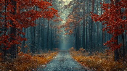 Fototapeta premium Serene autumn landscape featuring towering redwoods and a smooth road cutting through the forest