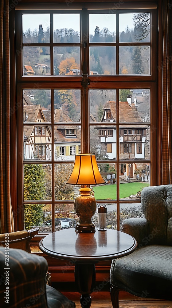 Poster a beautiful window view displays buildings and a table inside
