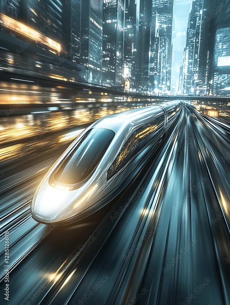 Aufkleber dynamic perspective of a high-speed train speeding through a glowing city at night : generative ai