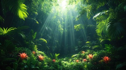 Colorful tropical rainforest artwork with radiant sunlight and dense green foliage