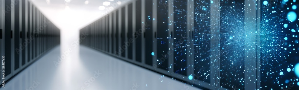 Poster futuristic data center with glowing lights and a pathway leading through digital elements.