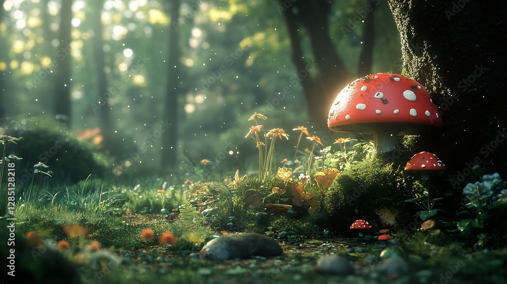 Poster enchanting red mushroom sitting among sparkling flora and soft sunlight in peaceful forest scene : g