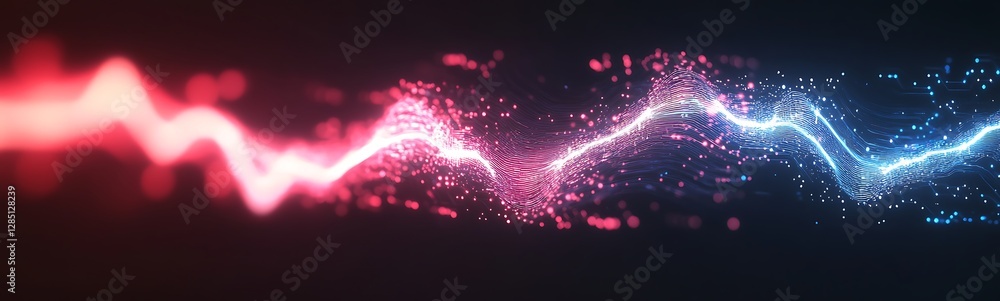 Poster abstract glowing wave pattern in red and blue tones on a dark background.