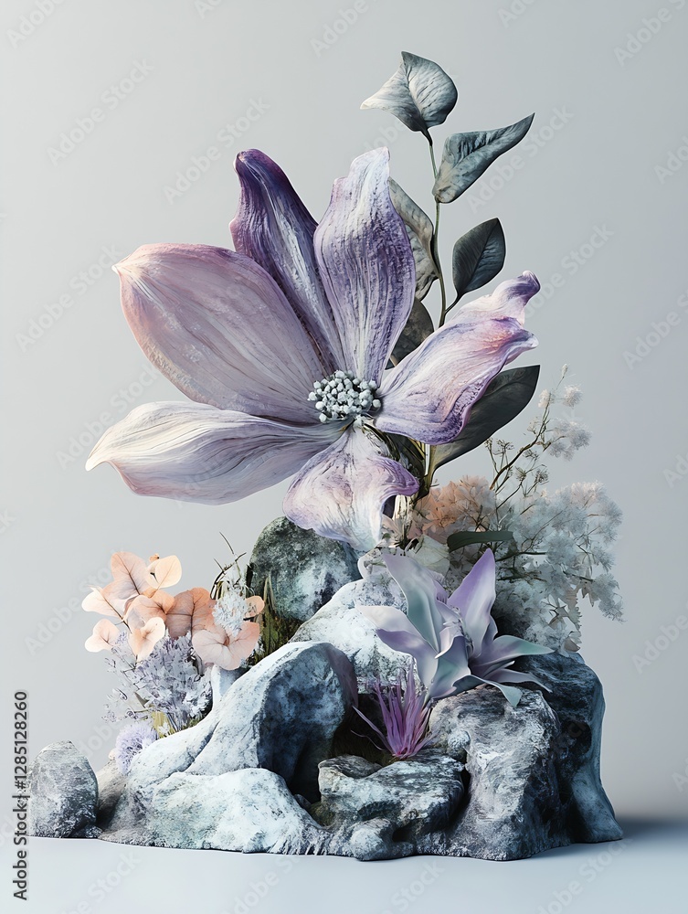 Poster stunning large flower arrangement showcasing delicate hues and textures in a natural rock setting : 