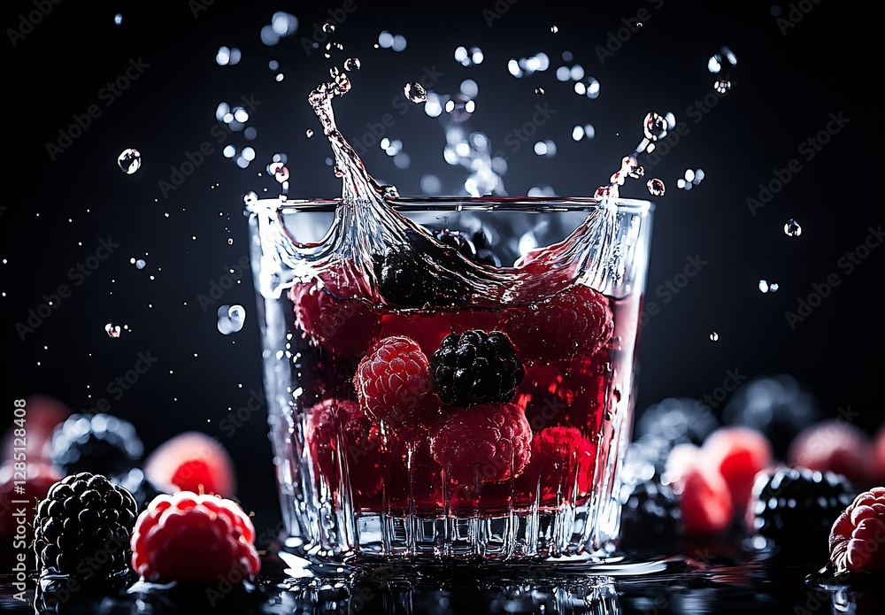 Poster dynamic splash of fresh raspberries and blackberries in a glass filled with berry drink : generative