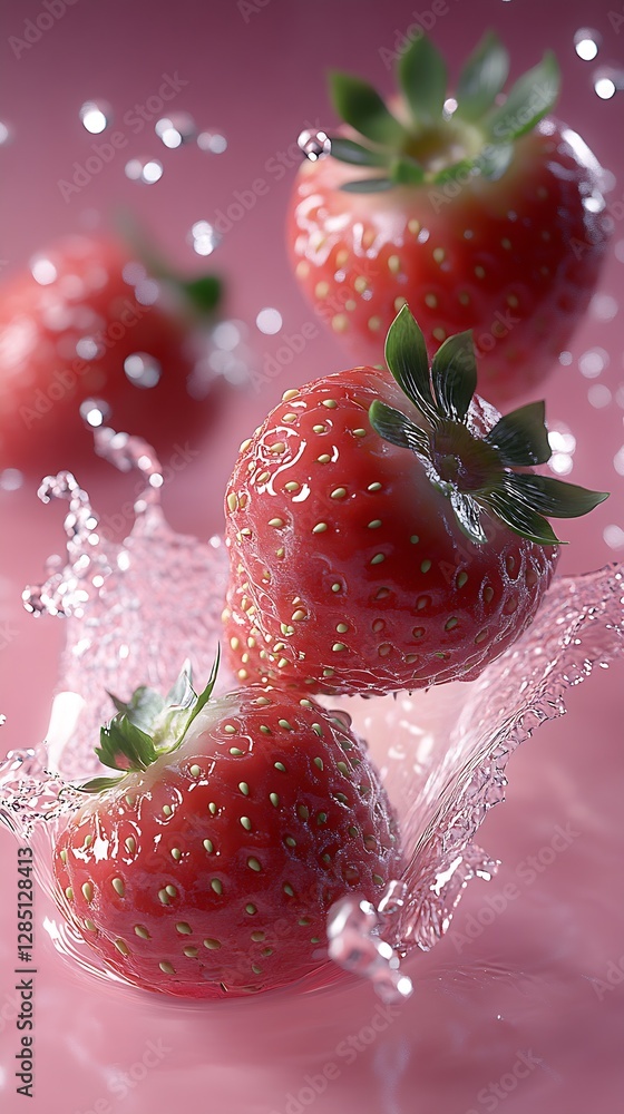 Poster vibrant strawberries caught mid-splash creating an artistic display of freshness and flavor against 