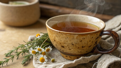Warm cup of herbal tea with steam, surrounded by fresh flowers and herbs