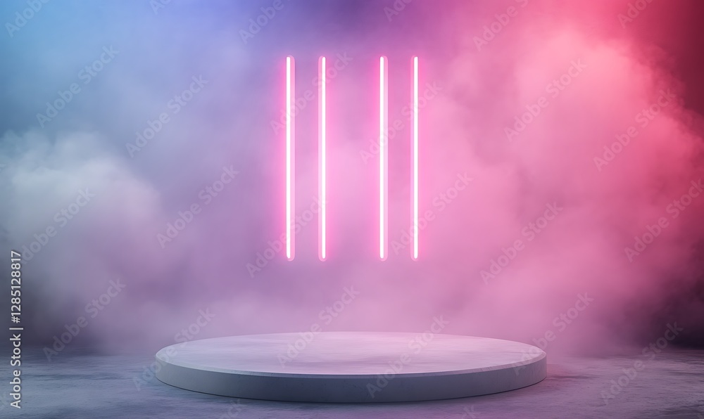 Poster vibrant neon lights with a smoky background create a futuristic atmosphere in a minimalist setting.