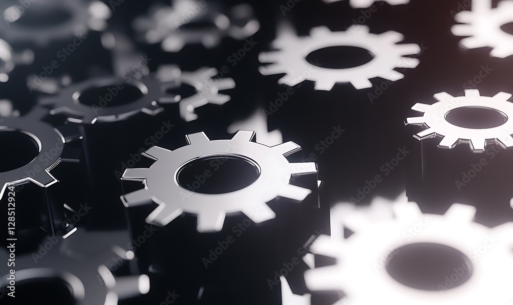 Poster Close-up of metallic gears arranged in a dynamic pattern, showcasing industrial design and engineering concepts.